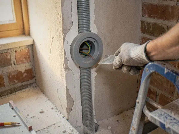 Pendant le chantier : gaine grise encastrée dans une saignée jusqu’à une boîte, rebouchage au plâtre par une main gantée.