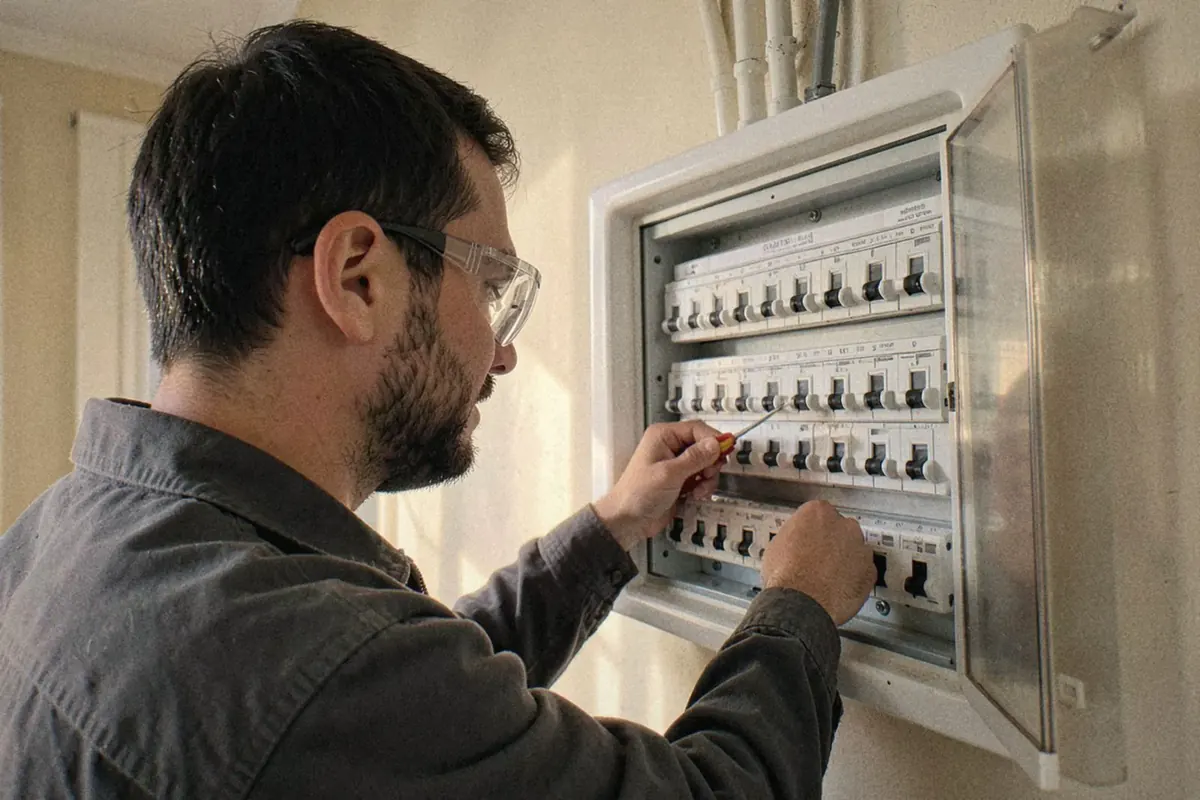 Mathis, lunettes de protection, resserre une borne dans un tableau électrique neuf, dans l’entrée d’une maison lilloise.