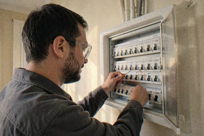 Mathis, lunettes de protection, resserre les bornes d’un disjoncteur dans un tableau électrique ouvert.