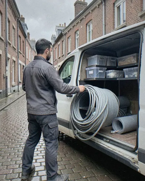 Mathis, de profil, charge une couronne de câble dans sa camionnette, dans une rue pavée de maisons en brique.
